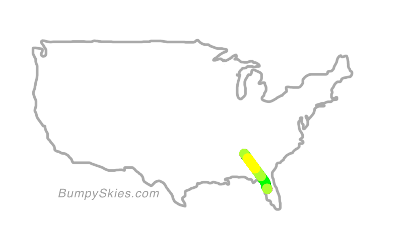 Map of continental US with illustrated flight path and turbulence forecast (described in text below)