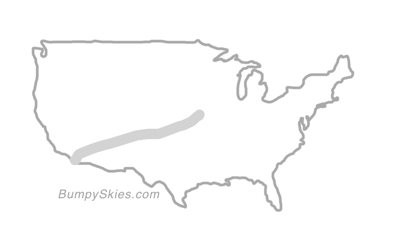 Map of continental US with illustrated flight path and turbulence forecast (described in text below)