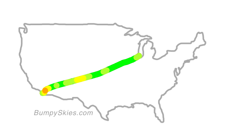 Map of continental US with illustrated flight path and turbulence forecast (described in text below)