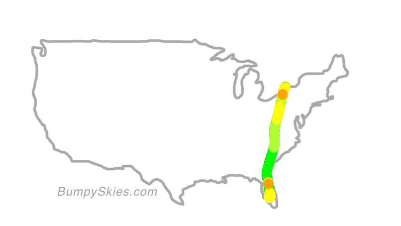 Map of continental US with illustrated flight path and turbulence forecast (described in text below)