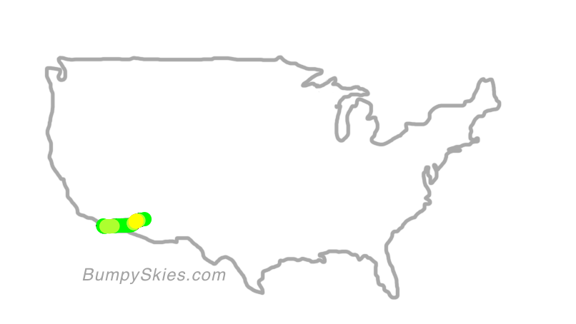 Map of continental US with illustrated flight path and turbulence forecast (described in text below)