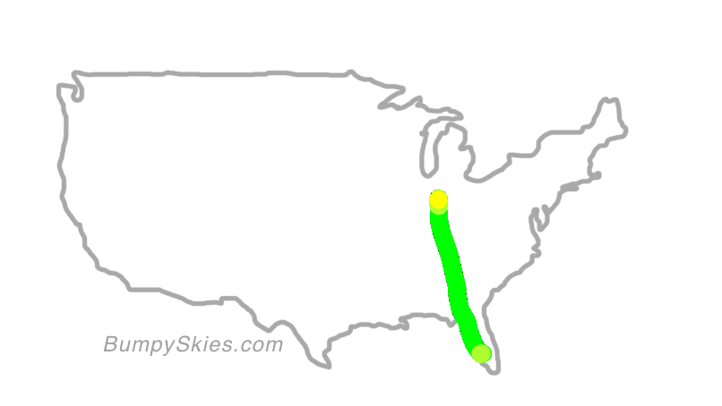 Map of continental US with illustrated flight path and turbulence forecast (described in text below)