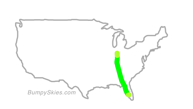 Map of continental US with illustrated flight path and turbulence forecast (described in text below)