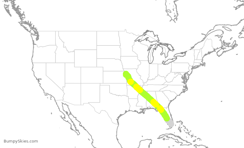 Map of continental US with illustrated flight path and turbulence forecast (described in text below)