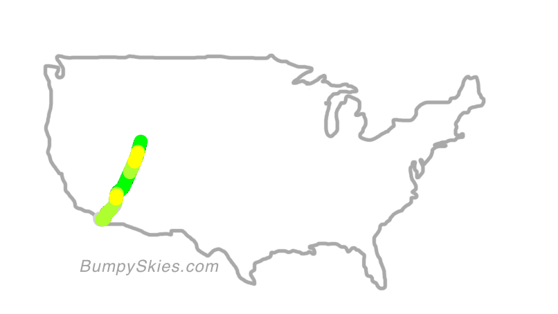 Map of continental US with illustrated flight path and turbulence forecast (described in text below)