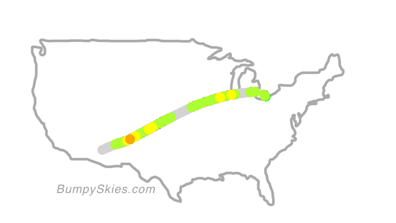 Map of continental US with illustrated flight path and turbulence forecast (described in text below)
