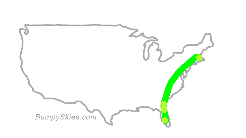 Map of continental US with illustrated flight path and turbulence forecast (described in text below)