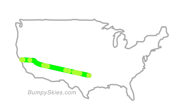 Map of continental US with illustrated flight path and turbulence forecast (described in text below)
