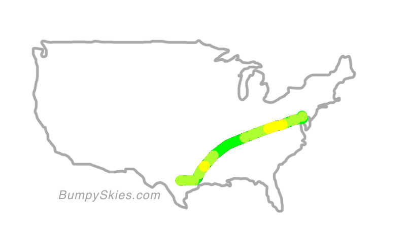 Map of continental US with illustrated flight path and turbulence forecast (described in text below)