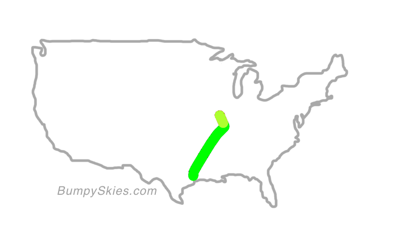 Map of continental US with illustrated flight path and turbulence forecast (described in text below)