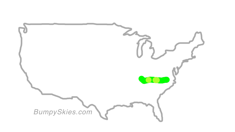 Map of continental US with illustrated flight path and turbulence forecast (described in text below)