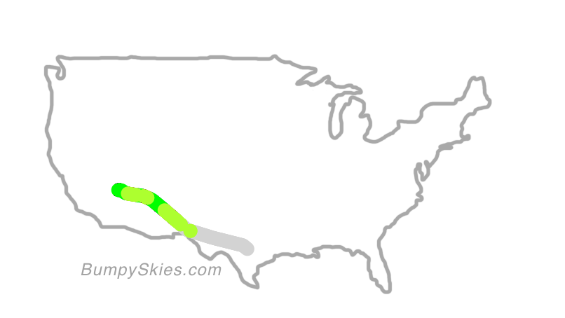 Map of continental US with illustrated flight path and turbulence forecast (described in text below)