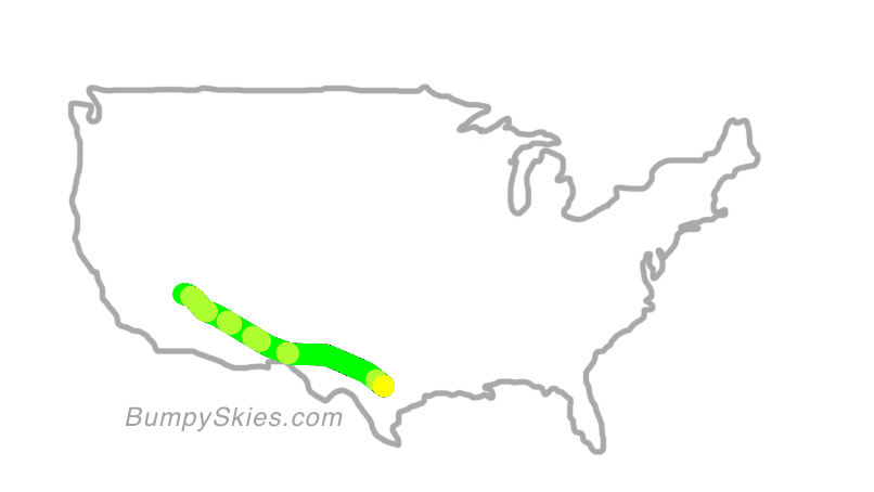 Map of continental US with illustrated flight path and turbulence forecast (described in text below)