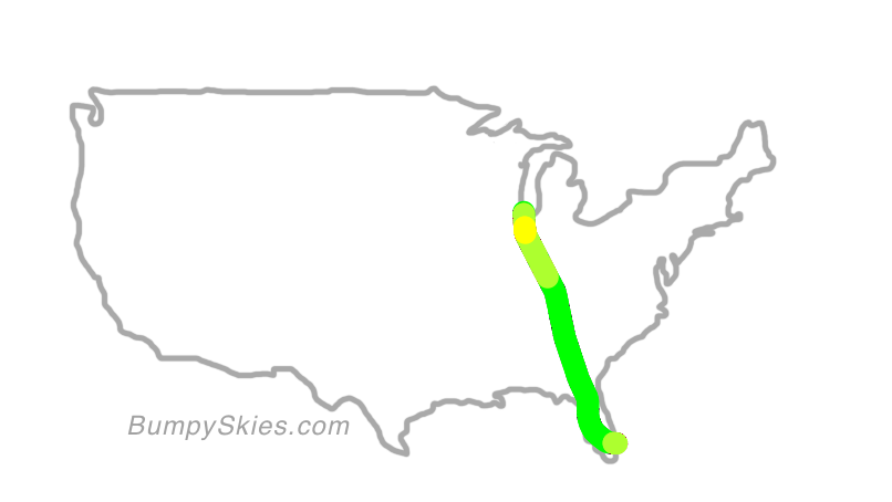 Map of continental US with illustrated flight path and turbulence forecast (described in text below)