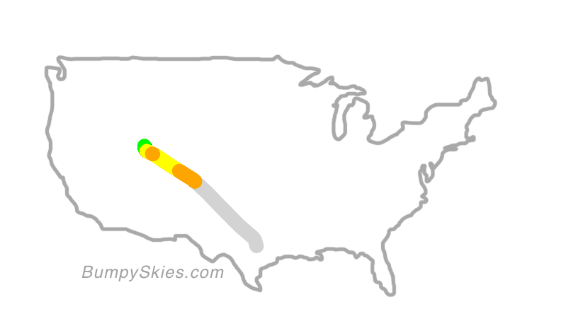 Map of continental US with illustrated flight path and turbulence forecast (described in text below)
