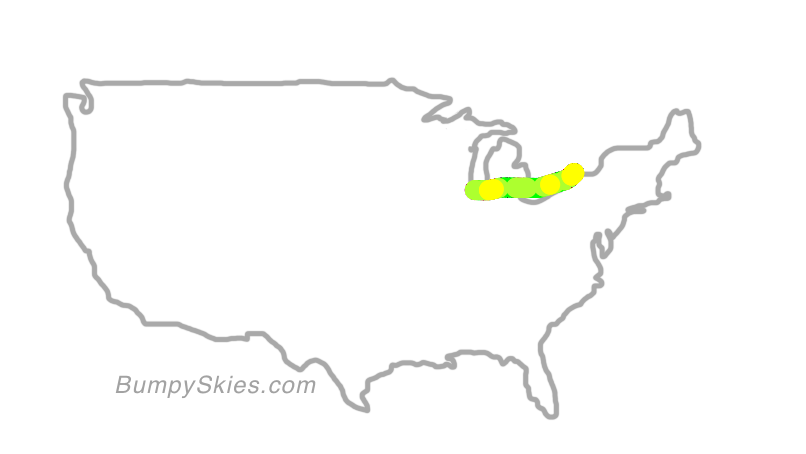 Map of continental US with illustrated flight path and turbulence forecast (described in text below)