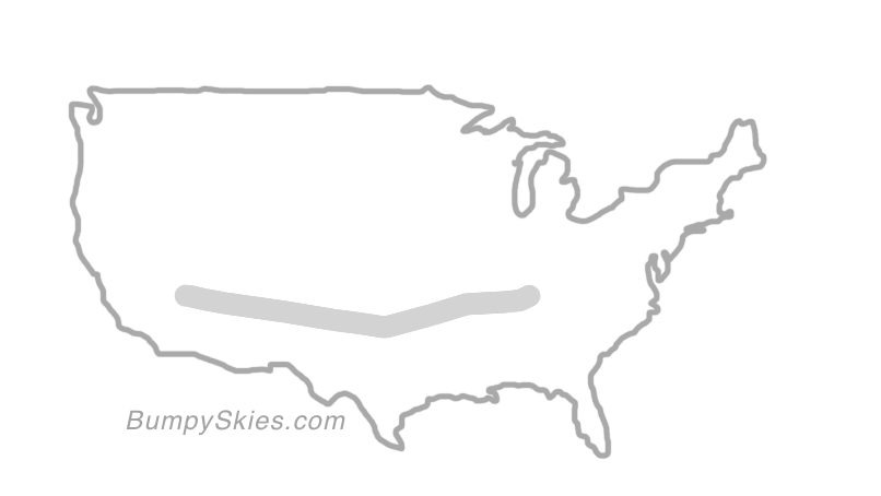 Map of continental US with illustrated flight path and turbulence forecast (described in text below)