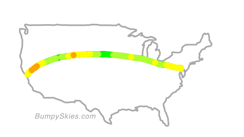 Map of continental US with illustrated flight path and turbulence forecast (described in text below)