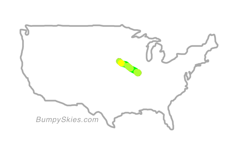 Map of continental US with illustrated flight path and turbulence forecast (described in text below)