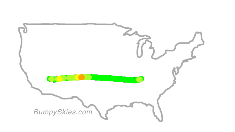 Map of continental US with illustrated flight path and turbulence forecast (described in text below)