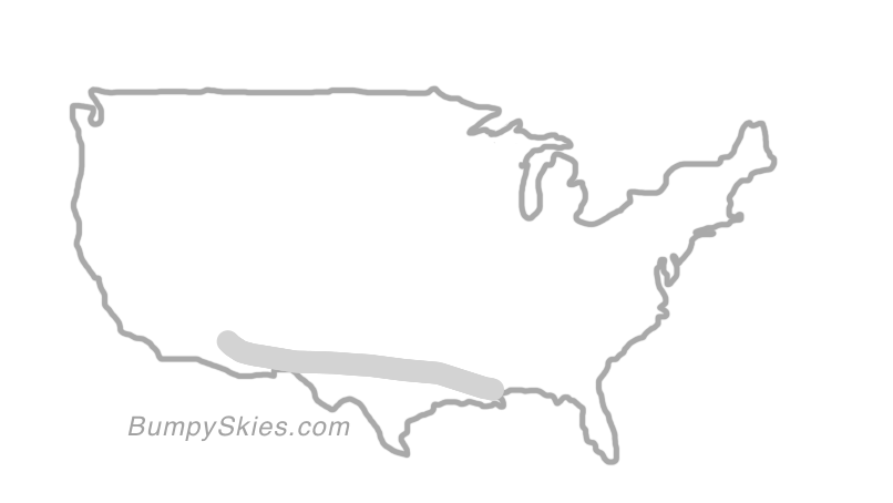 Map of continental US with illustrated flight path and turbulence forecast (described in text below)