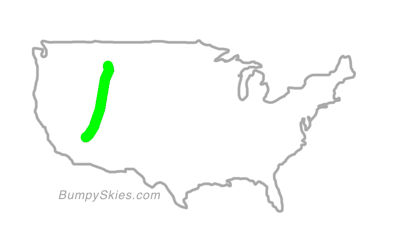 Map of continental US with illustrated flight path and turbulence forecast (described in text below)