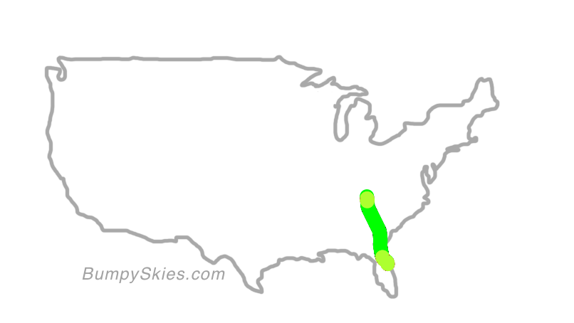 Map of continental US with illustrated flight path and turbulence forecast (described in text below)
