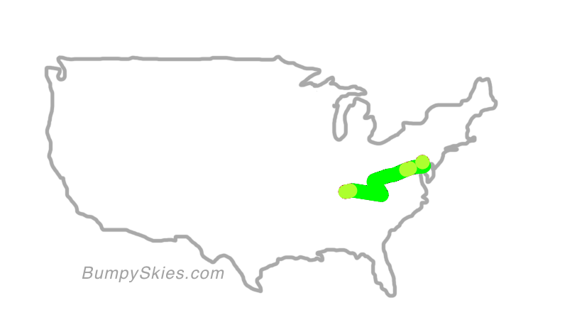 Map of continental US with illustrated flight path and turbulence forecast (described in text below)