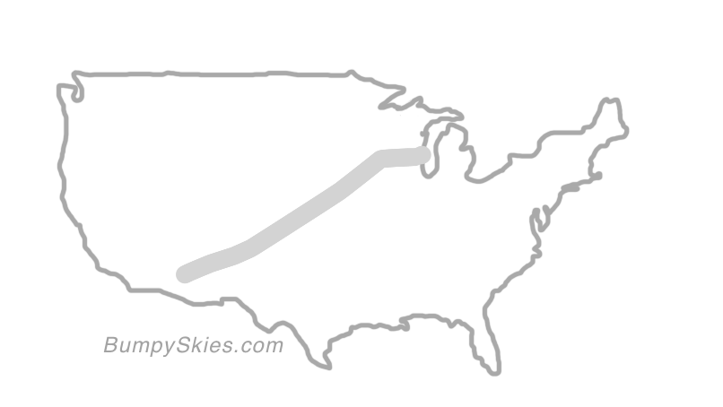 Map of continental US with illustrated flight path and turbulence forecast (described in text below)