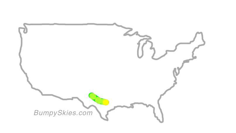 Map of continental US with illustrated flight path and turbulence forecast (described in text below)