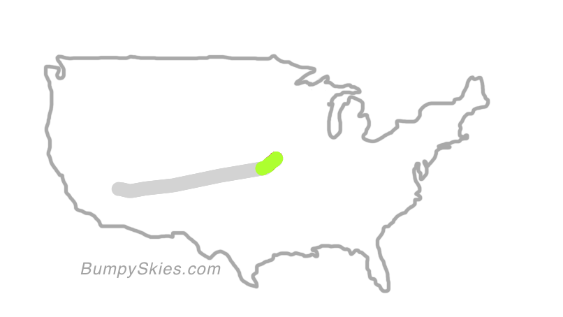 Map of continental US with illustrated flight path and turbulence forecast (described in text below)