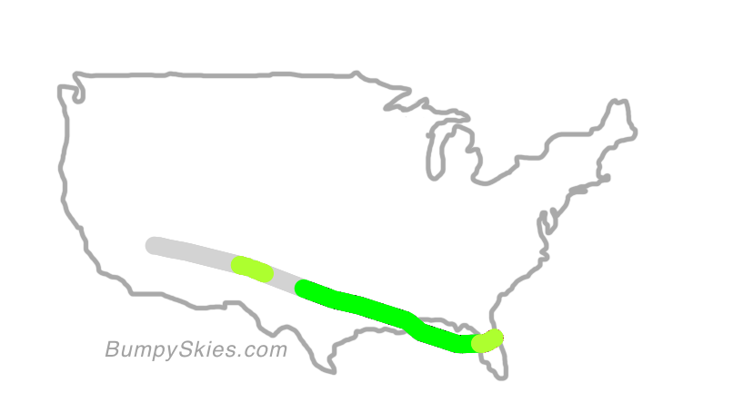 Map of continental US with illustrated flight path and turbulence forecast (described in text below)