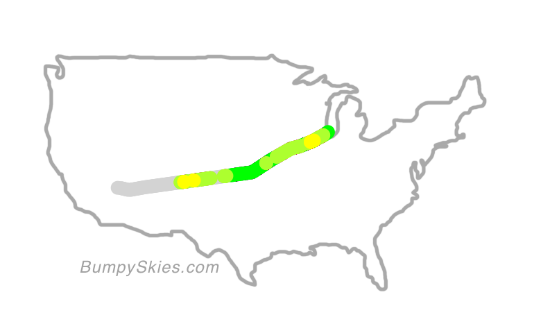 Map of continental US with illustrated flight path and turbulence forecast (described in text below)