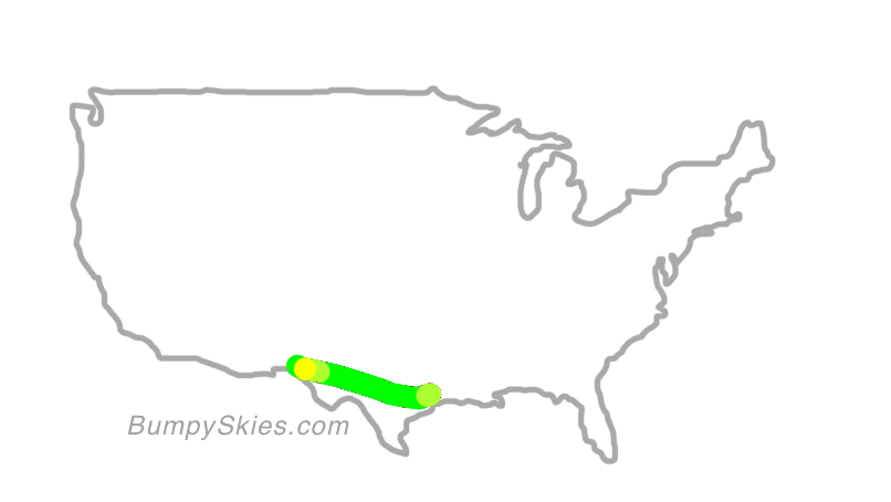 Map of continental US with illustrated flight path and turbulence forecast (described in text below)