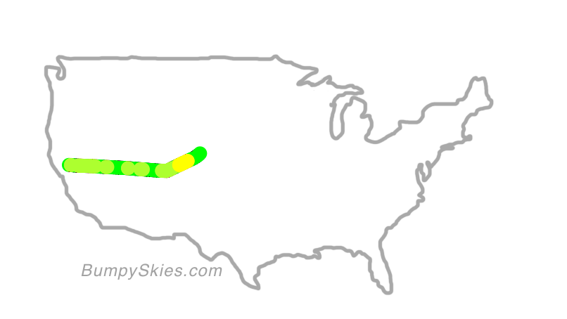 Map of continental US with illustrated flight path and turbulence forecast (described in text below)
