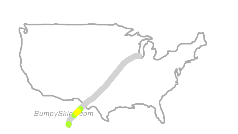 Map of continental US with illustrated flight path and turbulence forecast (described in text below)