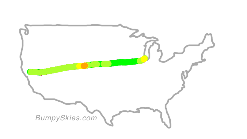 Map of continental US with illustrated flight path and turbulence forecast (described in text below)