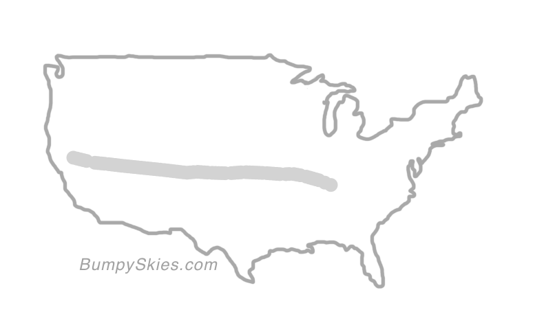Map of continental US with illustrated flight path and turbulence forecast (described in text below)