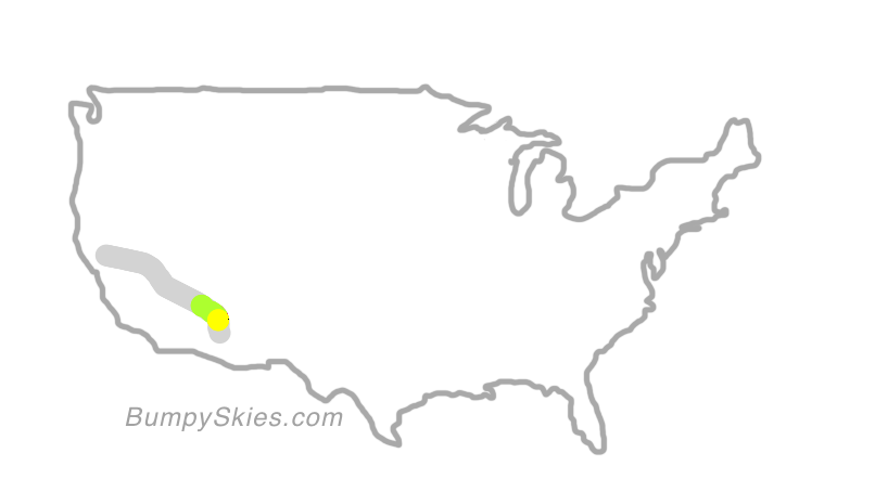 Map of continental US with illustrated flight path and turbulence forecast (described in text below)
