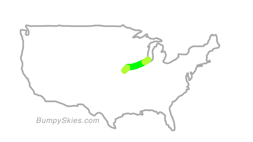 Map of continental US with illustrated flight path and turbulence forecast (described in text below)
