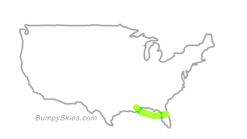 Map of continental US with illustrated flight path and turbulence forecast (described in text below)