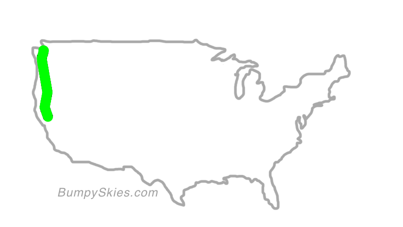 Map of continental US with illustrated flight path and turbulence forecast (described in text below)