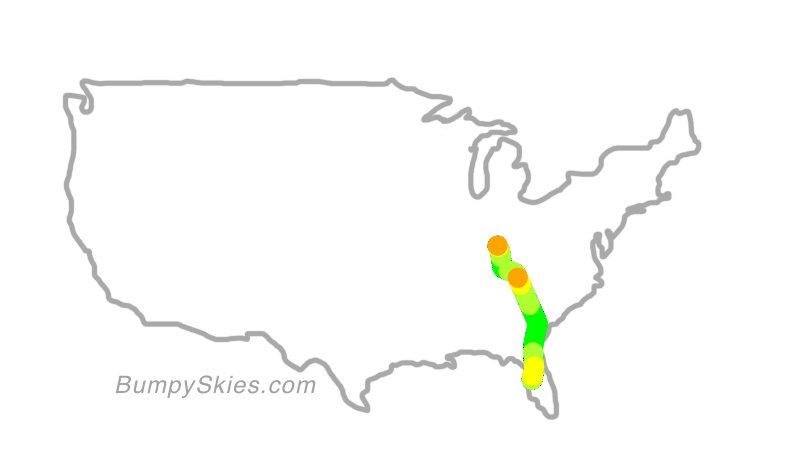 Map of continental US with illustrated flight path and turbulence forecast (described in text below)