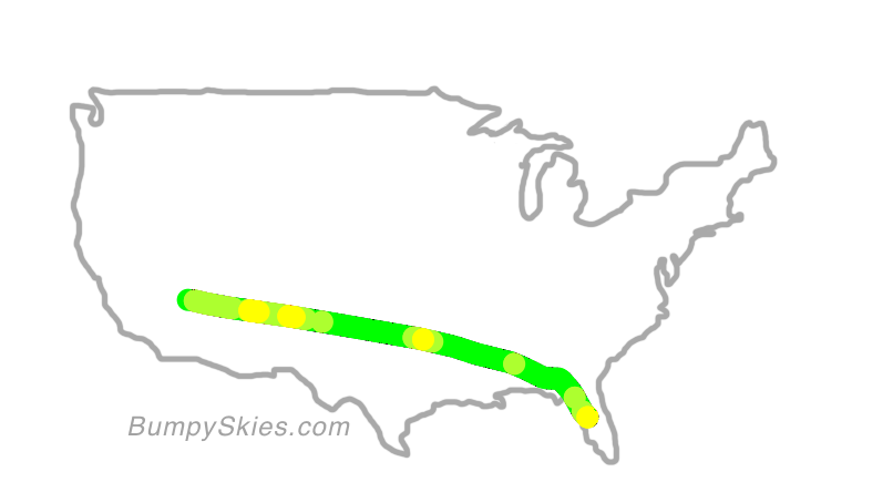 Map of continental US with illustrated flight path and turbulence forecast (described in text below)