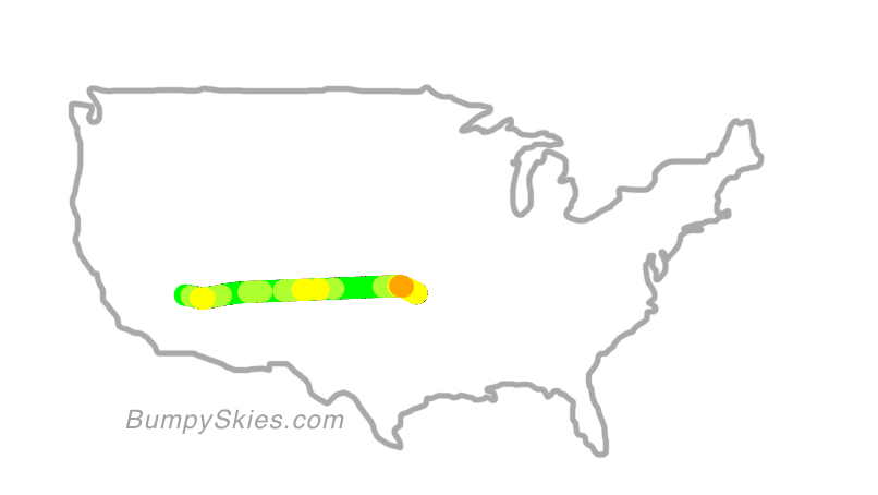 Map of continental US with illustrated flight path and turbulence forecast (described in text below)