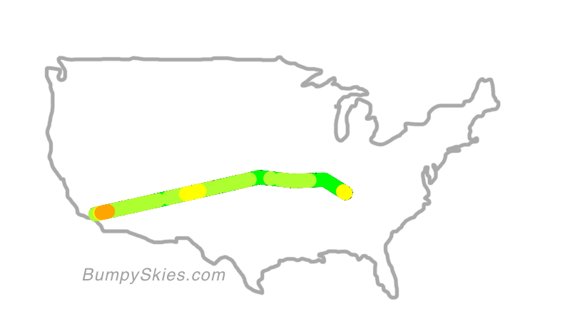 Map of continental US with illustrated flight path and turbulence forecast (described in text below)
