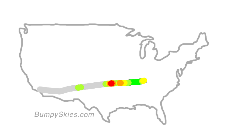 Map of continental US with illustrated flight path and turbulence forecast (described in text below)