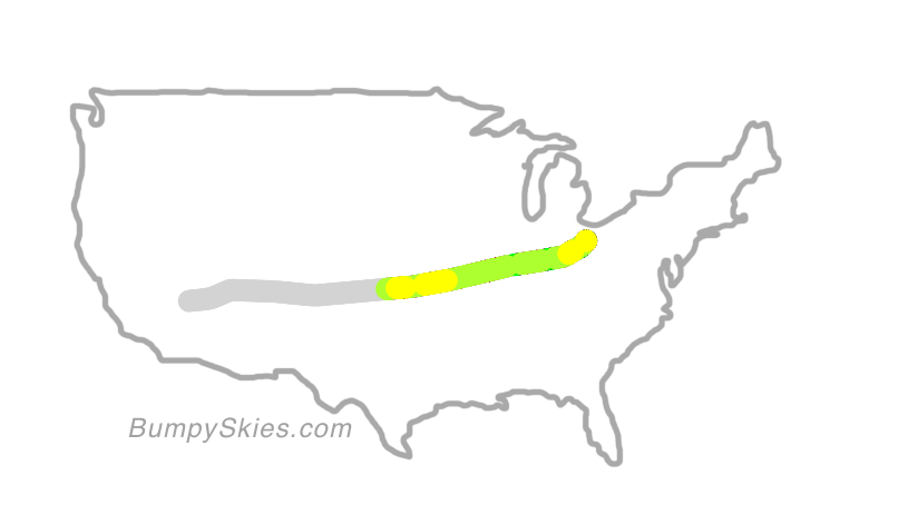 Map of continental US with illustrated flight path and turbulence forecast (described in text below)