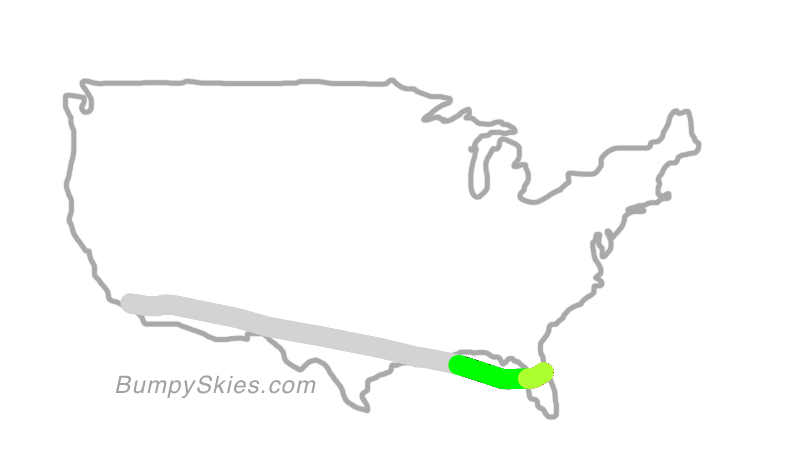 Map of continental US with illustrated flight path and turbulence forecast (described in text below)