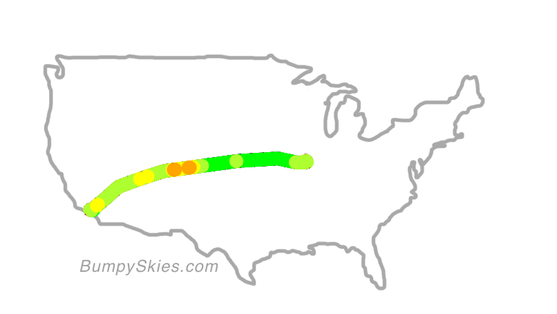 Map of continental US with illustrated flight path and turbulence forecast (described in text below)